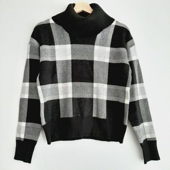 MAX STUDIO / B&W Plaid Check Cowl / TurtleNeck Sweater Sz XS - Picture 3 of 11